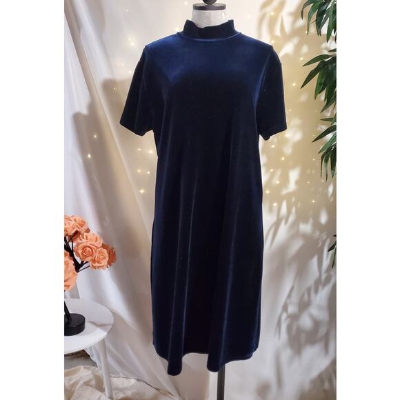 Vtg Jaqueline Ferrar 90s Velvet Short Sleeve Mock Neck Midi Dress 14 Navy Blue - Picture 1 of 6